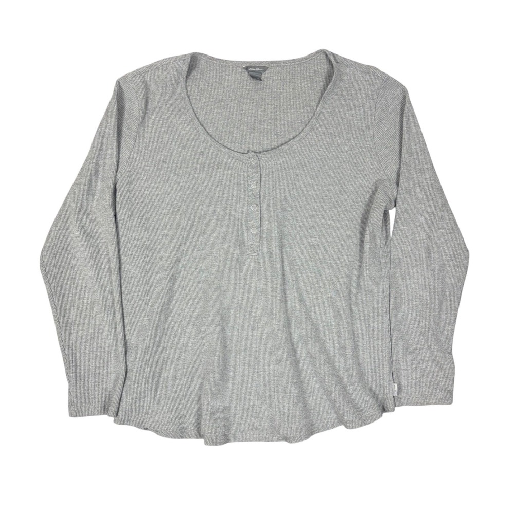 Eddie Bauer Henley Top Women XL Gray Long Sleev Waffle Knit Thermal Casual Shirt